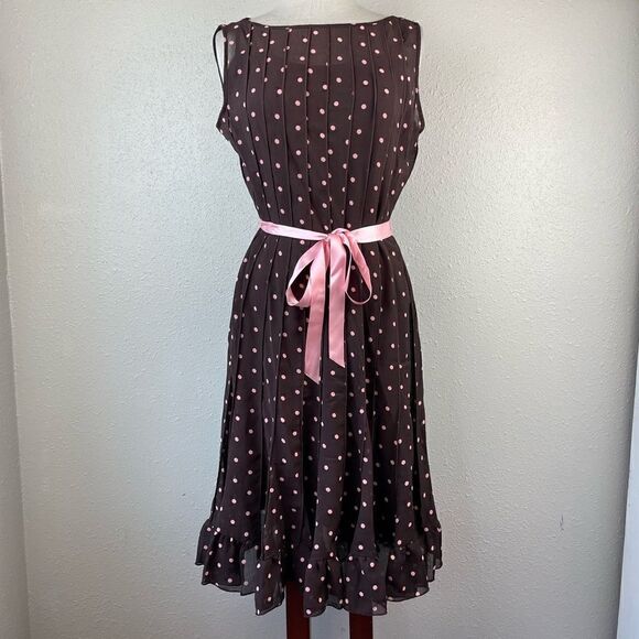 Dressbarn Brown and Pink Polka Dot Midi Dress Size 10 EUC - Picture 1 of 10